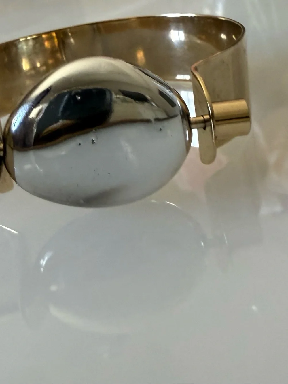 Vintage Modernist Two-Tone Cuff Bracelet Bold Mixed Metal Orb Statement 7”